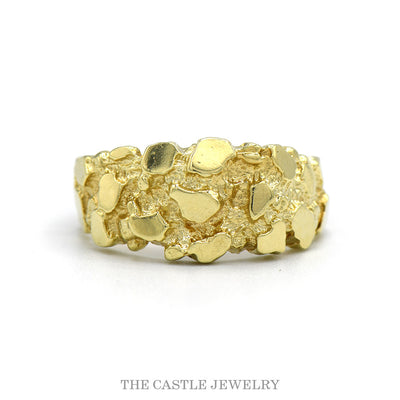 Tapered 10k yellow gold textured nugget band with flat polished forms — top view