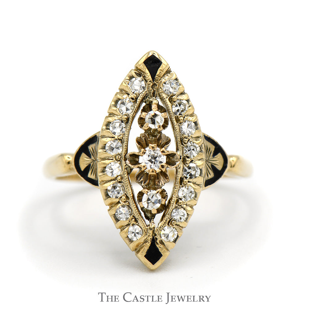 Single Cut Old European Cut Diamond Cluster Shield Ring with Black Enamel Accents in 10k yellow Gold