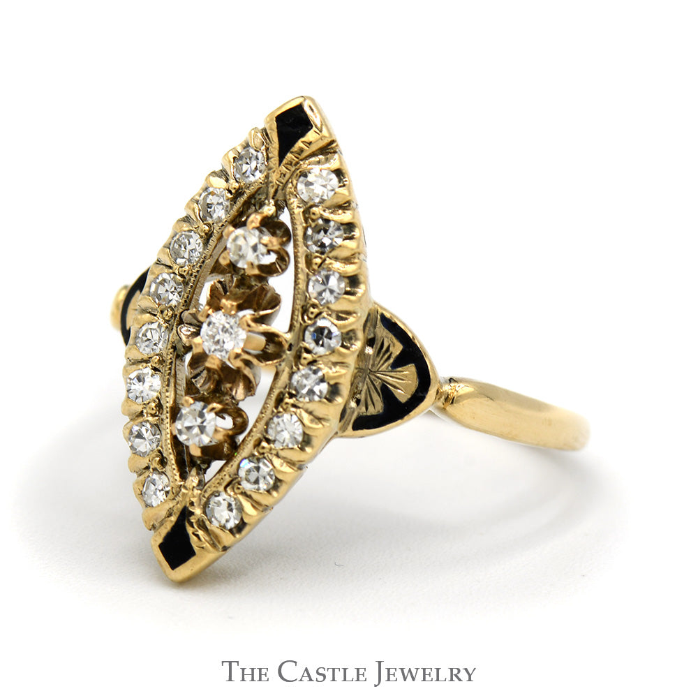 Single Cut Old European Cut Diamond Cluster Shield Ring with Black Enamel Accents in 10k yellow Gold