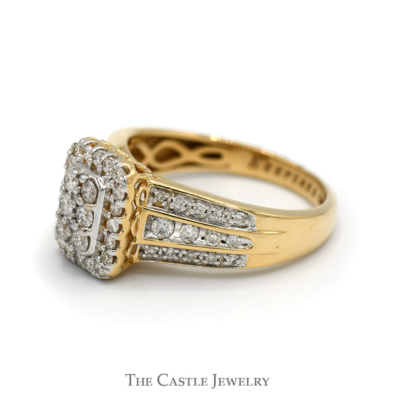 3/4cttw Rectangular Diamond Cluster Ring with Diamond Accented Sides in 14k Yellow Gold