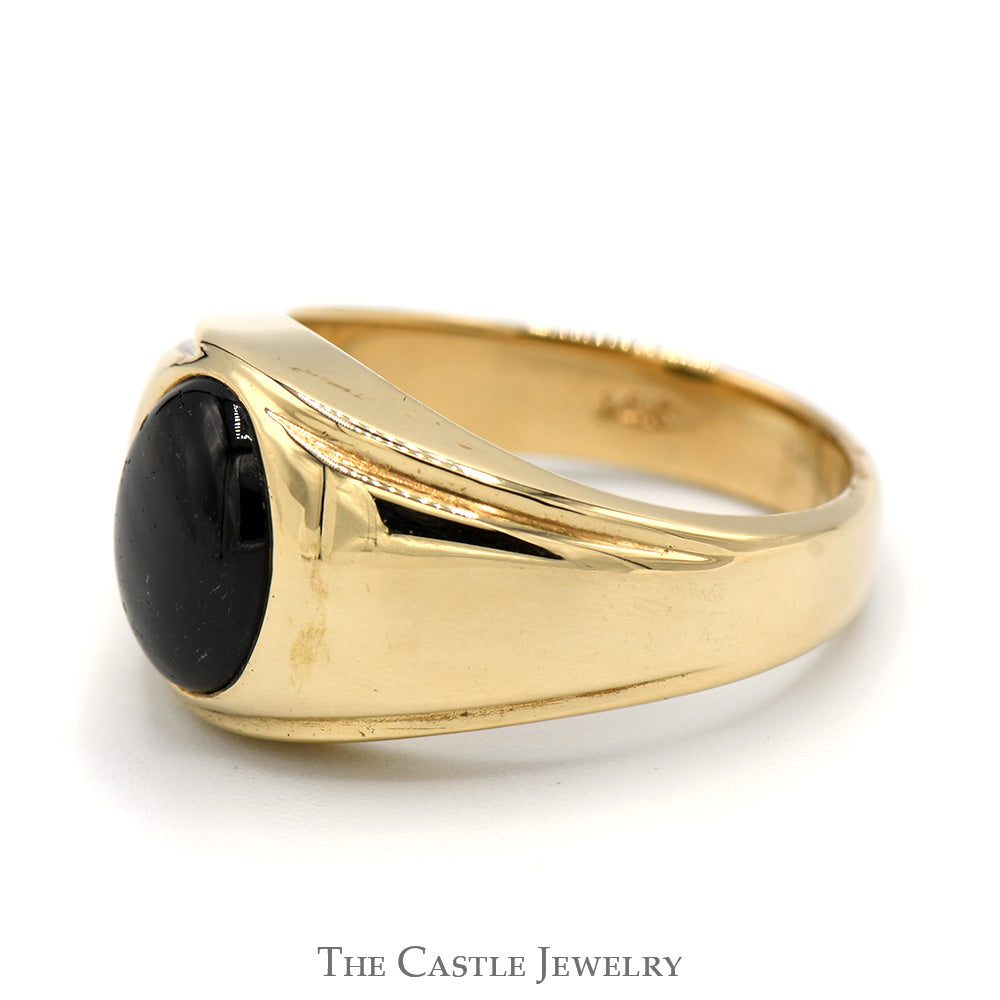 Oval Cabochon Black Star Sapphire Ring with Polished Sides in 14k Yellow Gold