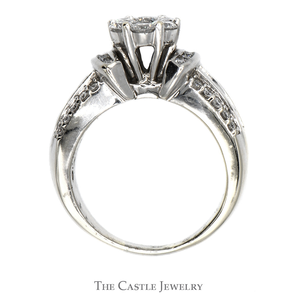 1.25cttw Round Diamond Cluster Ring with Accented Sides in 14k White Gold