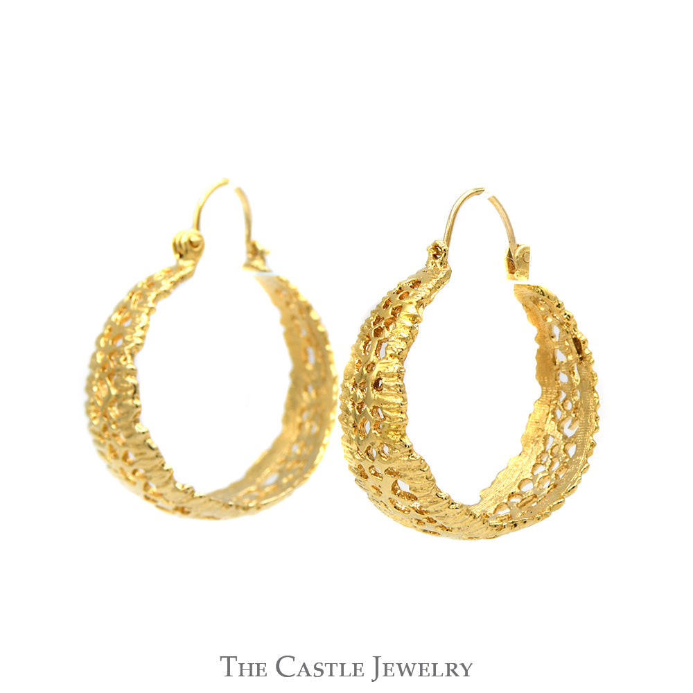 14k Yellow Gold Open Hoop Earrings with Textured Lattice Design