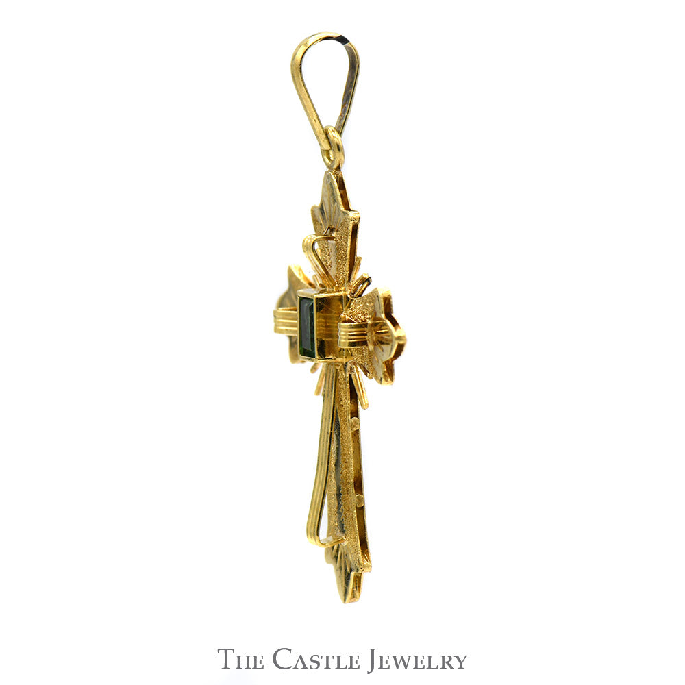 Ornate Cross Pendant with Emerald Solitaire in 18k Yellow Gold