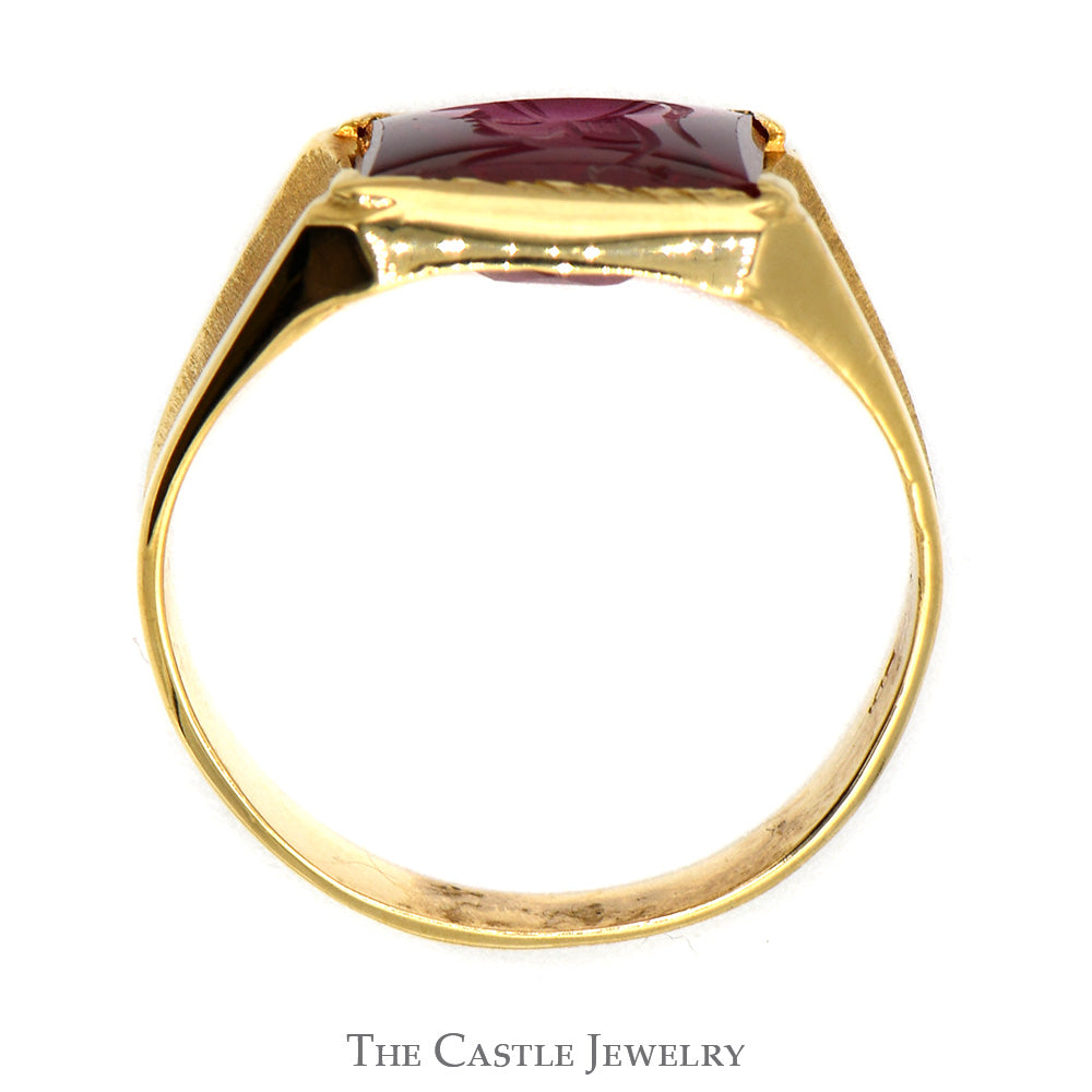 Men's Synthetic Ruby Intaglio Ring with Brush Textured Sides in 18k Yellow Gold