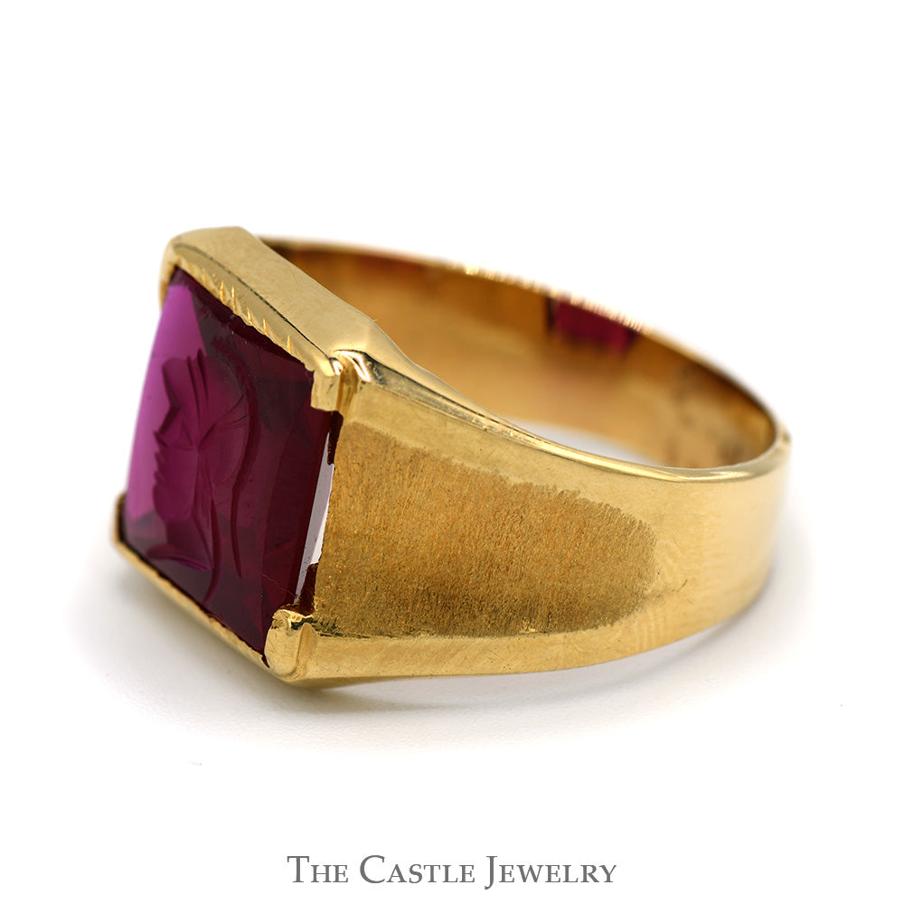 Men's Synthetic Ruby Intaglio Ring with Brush Textured Sides in 18k Yellow Gold