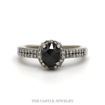 14k white gold oval black diamond halo engagement ring — top view