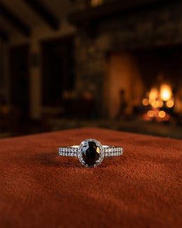 1cttw Oval Black Diamond Halo Engagement Ring in 14k White Gold