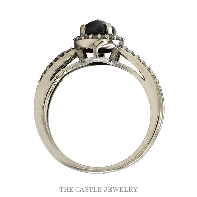 Front-facing view of the oval black diamond halo engagement ring in 14k white gold