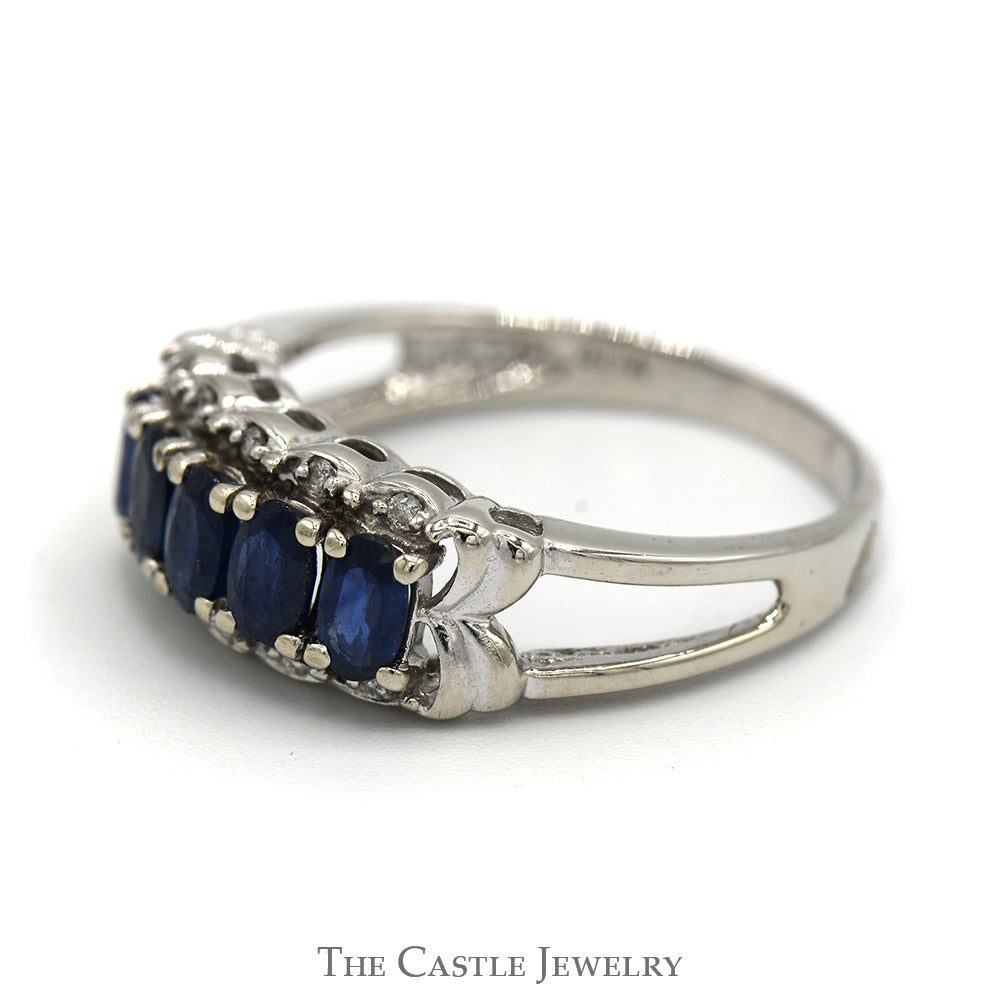 Oval Sapphire Band with Scalloped Mounting & Diamond Accents