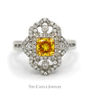 Cushion Cut Yellow Diamond Shield Ring with Diamond Accents and Split Shank Setting in 18k White Gold - Thumbnail 1