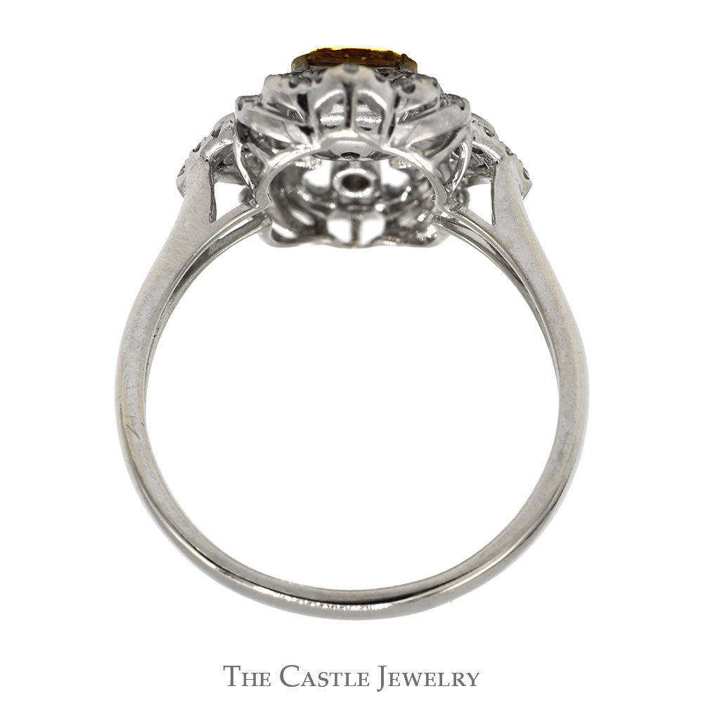 Cushion Cut Yellow Diamond Shield Ring with Diamond Accents and Split Shank Setting in 18k White Gold