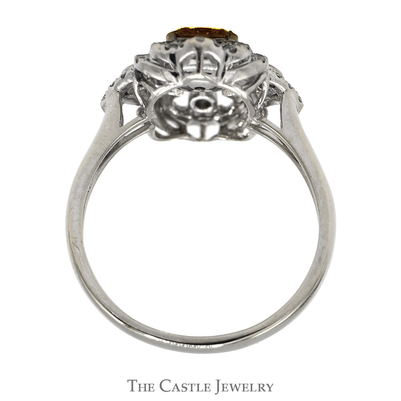 Cushion Cut Yellow Diamond Shield Ring with Diamond Accents and Split Shank Setting in 18k White Gold
