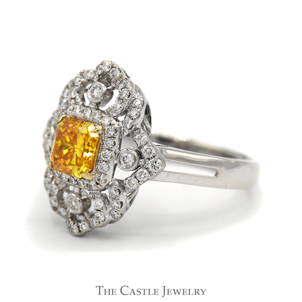 Cushion Cut Yellow Diamond Shield Ring with Diamond Accents and Split Shank Setting in 18k White Gold