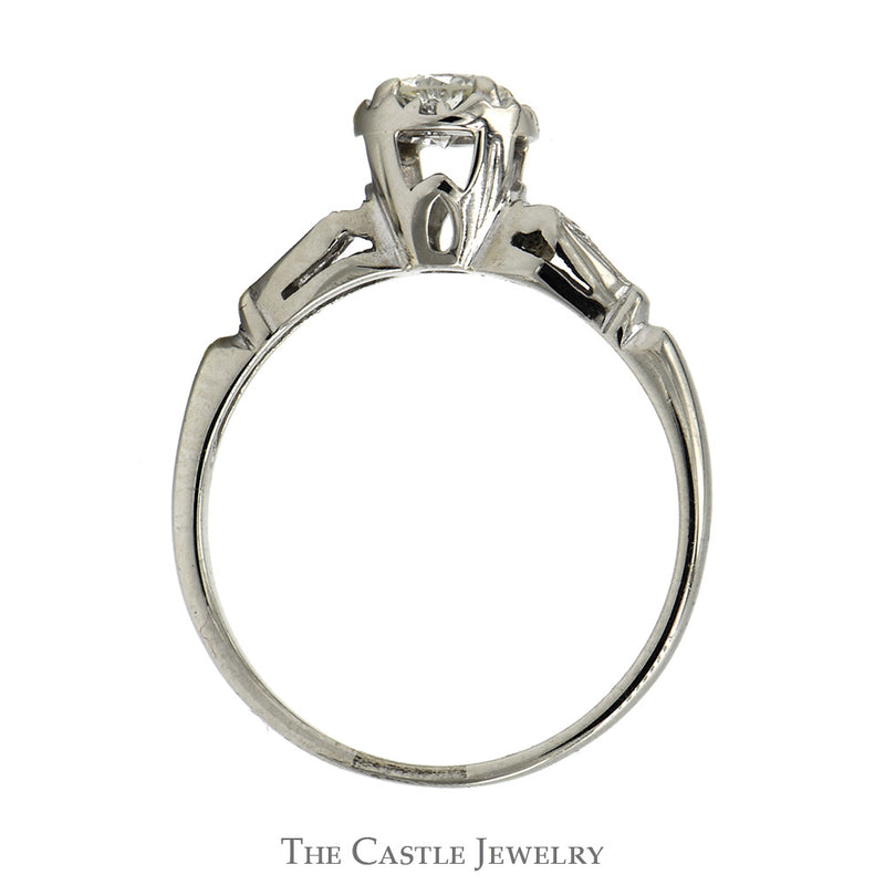 Vintage Design With .38CT Round Brilliant Cut Diamond Solitaire And Diamond Accented Sides In 14KT White Gold