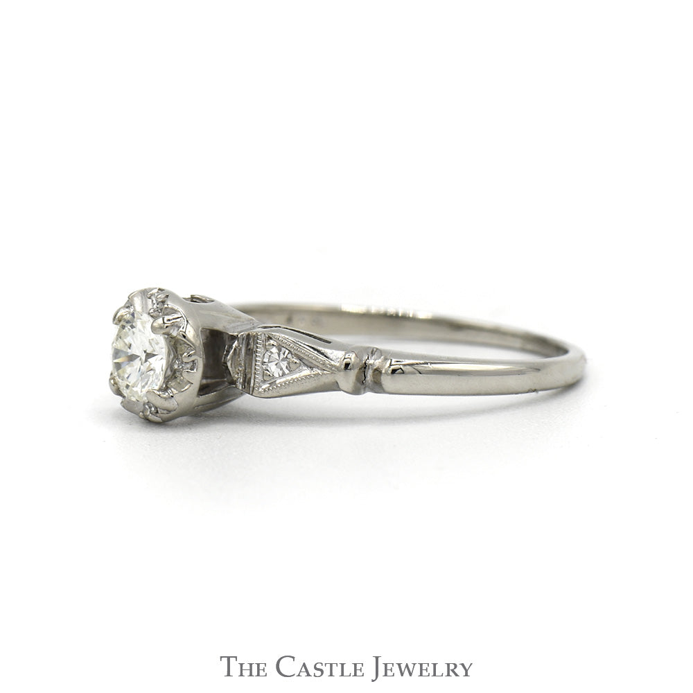Vintage Design With .38CT Round Brilliant Cut Diamond Solitaire And Diamond Accented Sides In 14KT White Gold
