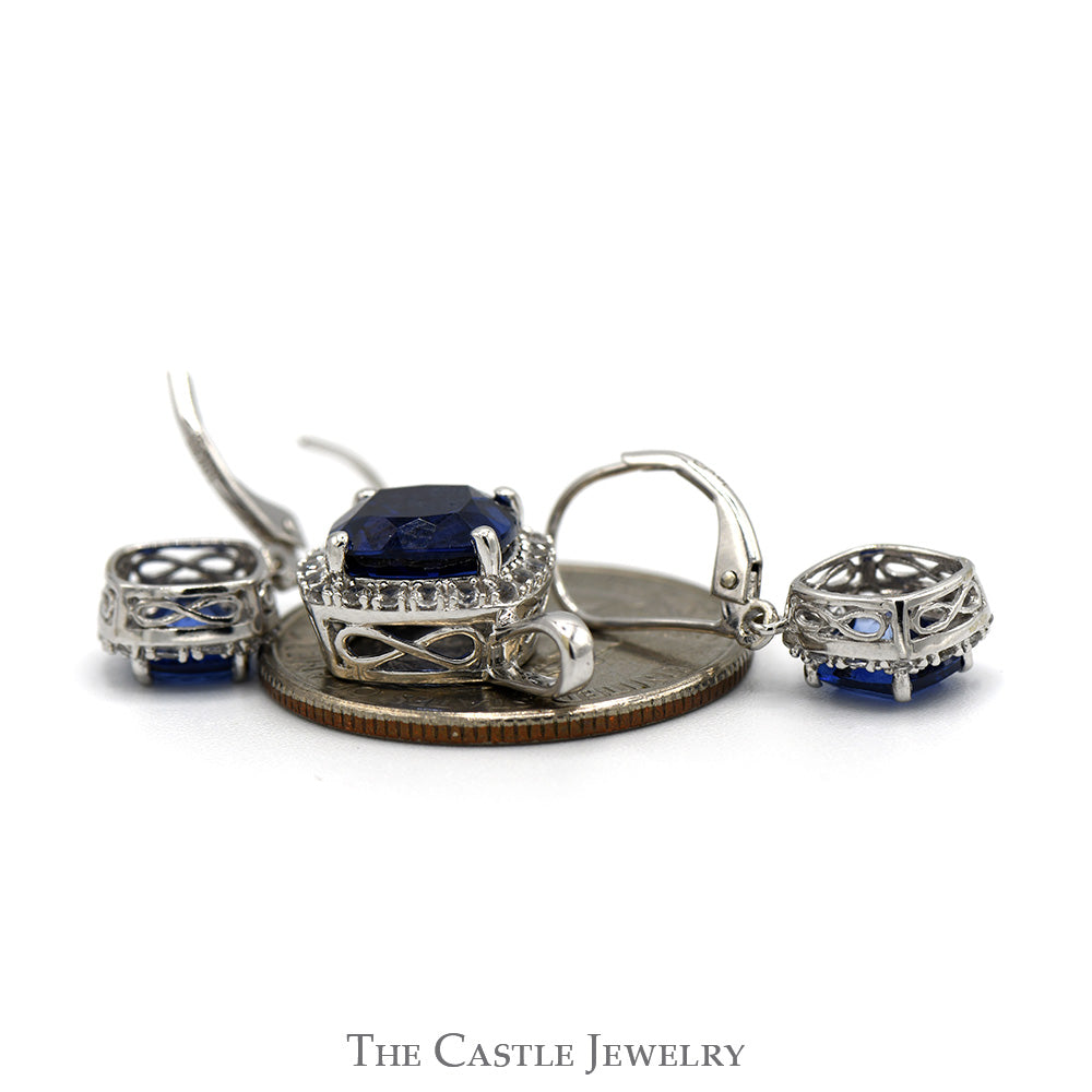 Cushion Cut Sapphire with White Topaz Halo Pendant & Earring Set in 10k White Gold