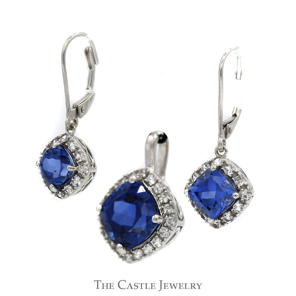 Cushion Cut Sapphire with White Topaz Halo Pendant & Earring Set in 10k White Gold