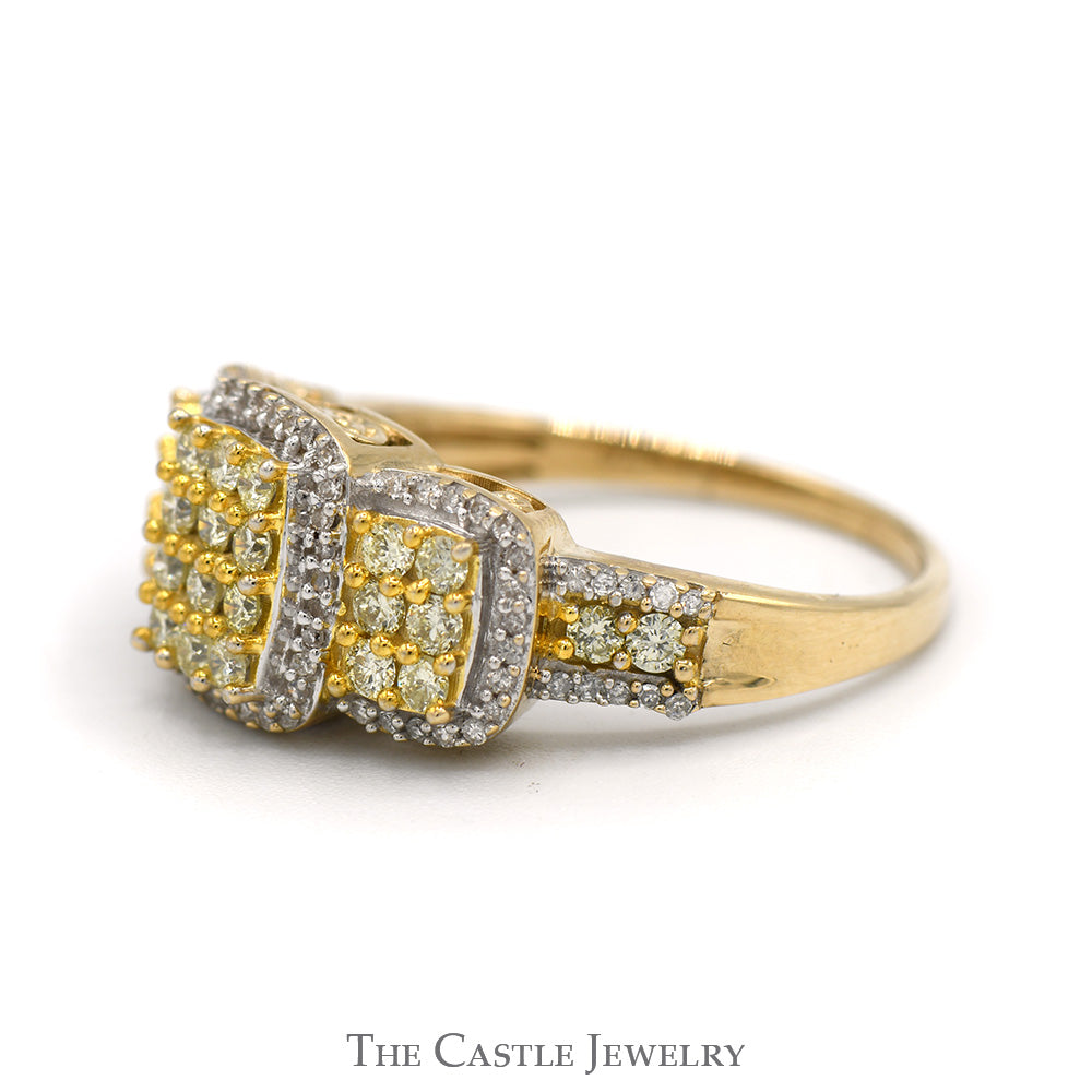 Triple Fancy Light Yellow Diamond Cluster Ring with Diamond Halo and Accented Sides in 14k Yellow Gold