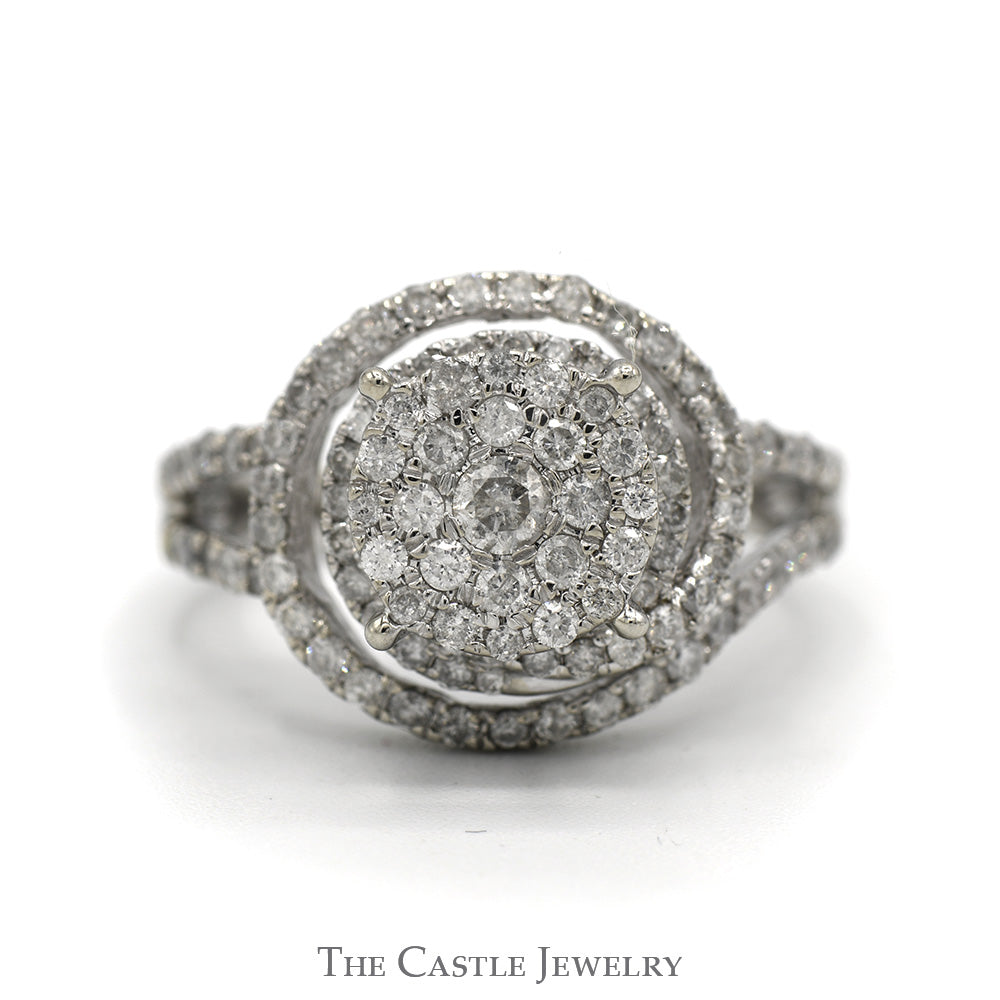 1.5cttw Diamond Cluster Engagement Ring with Diamond Halo and Split Shank Sides in 10k White Gold