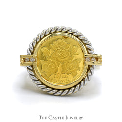 1996 Gibraltar 1/25 Crown Rose Design Coin Ring with Rope Bezel and Diamond Accents in 14k Yellow Gold