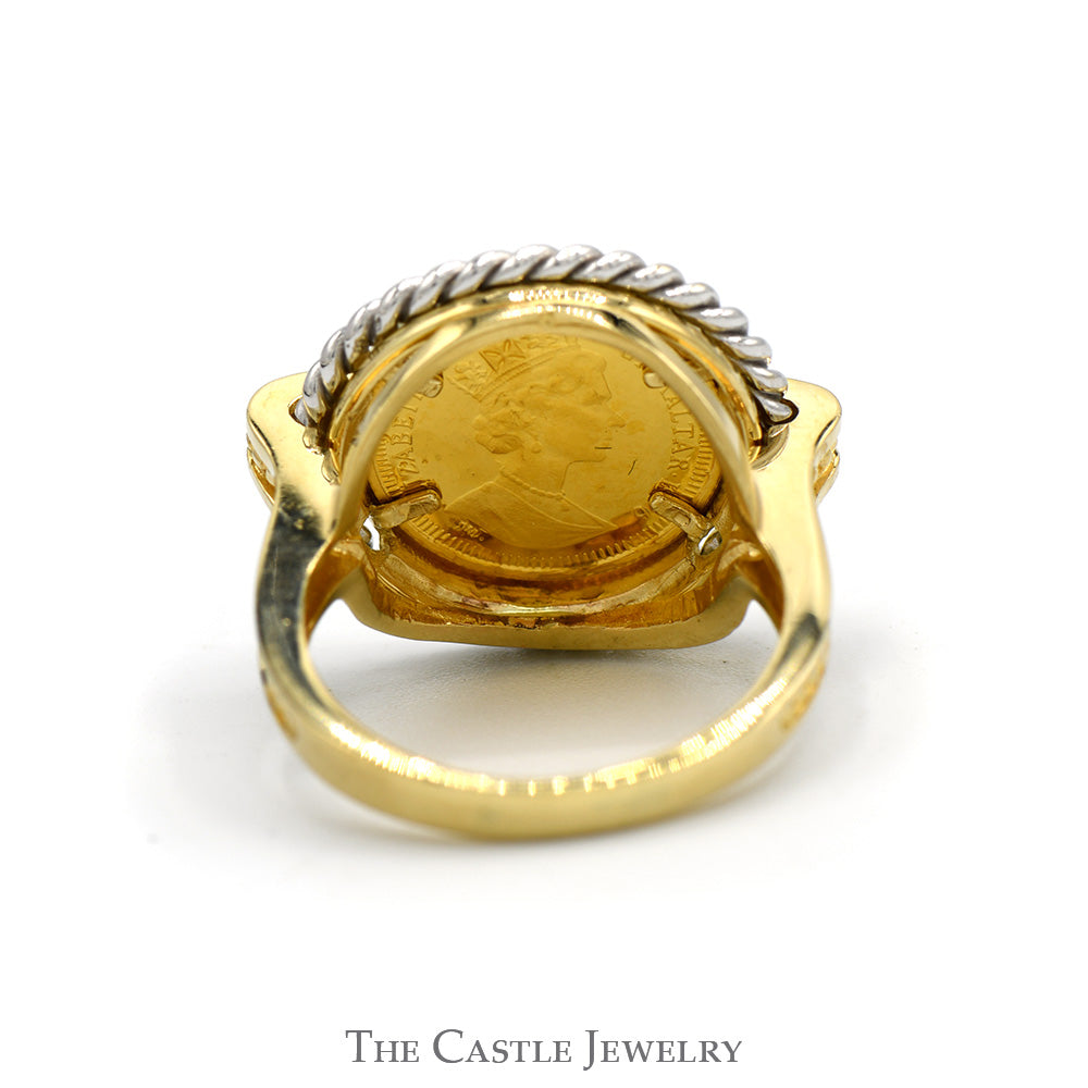 1996 Gibraltar 1/25 Crown Rose Design Coin Ring with Rope Bezel and Diamond Accents in 14k Yellow Gold