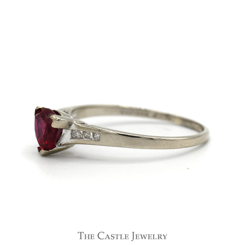 Trillion Cut Synthetic Ruby Ring with Channel Set Diamond Accents in 14k White Gold
