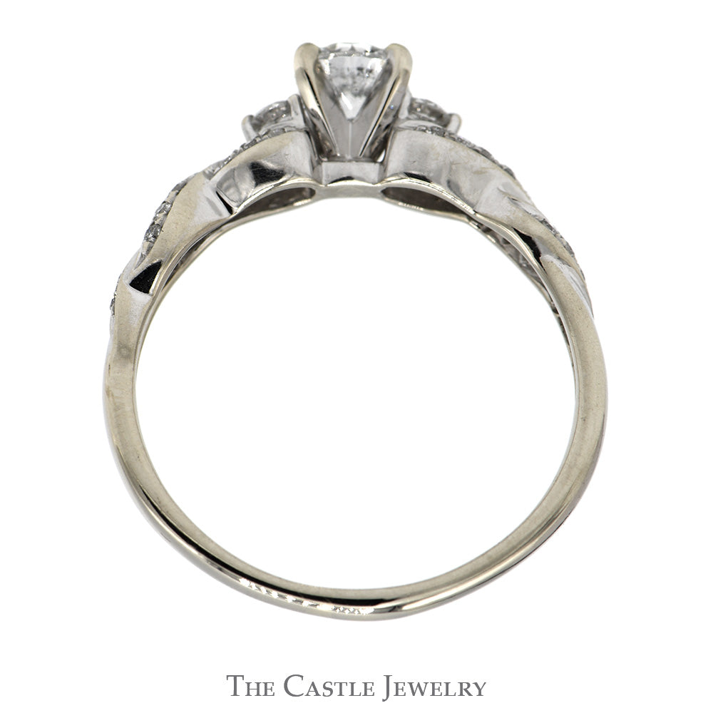 Three Stone Diamond Engagement Ring with Accented Twisted Sides in 14k White Gold