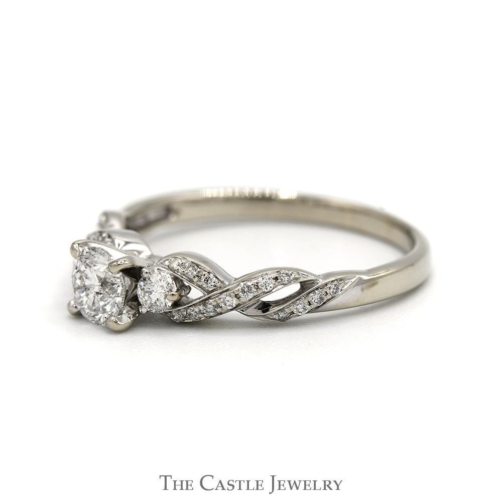 Three Stone Diamond Engagement Ring with Accented Twisted Sides in 14k White Gold