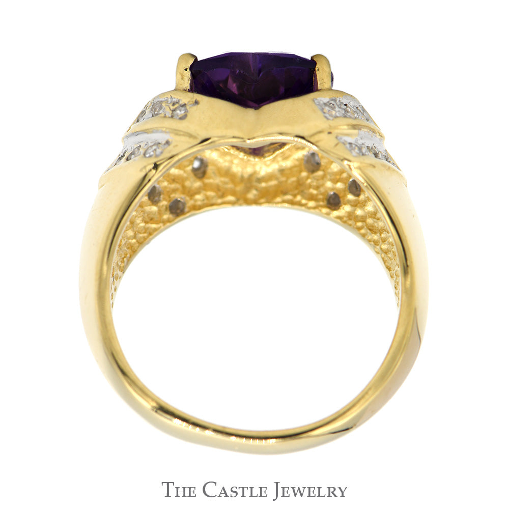 Heart Shaped Amethyst Ring with Diamond Accents in 14k Yellow Gold Ridged Mounting