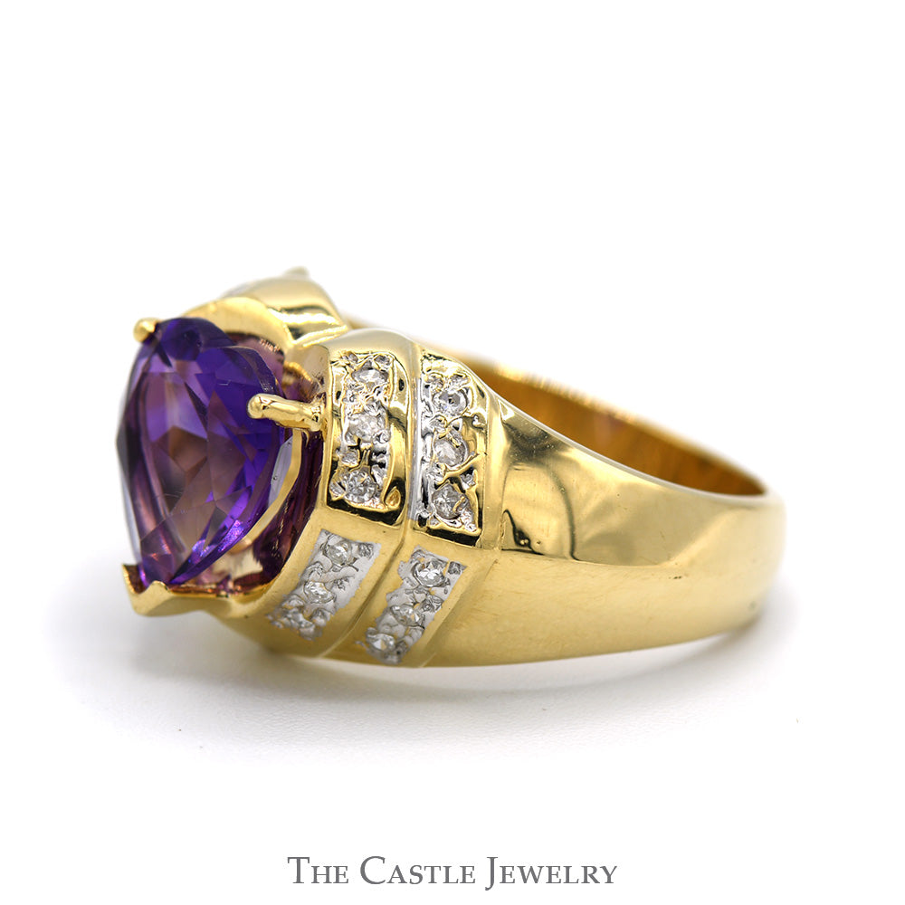 Heart Shaped Amethyst Ring with Diamond Accents in 14k Yellow Gold Ridged Mounting