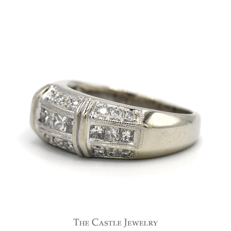 3/4cttw Channel Set Princess Cut Diamond Band with Round Diamond Edges in 14k White Gold