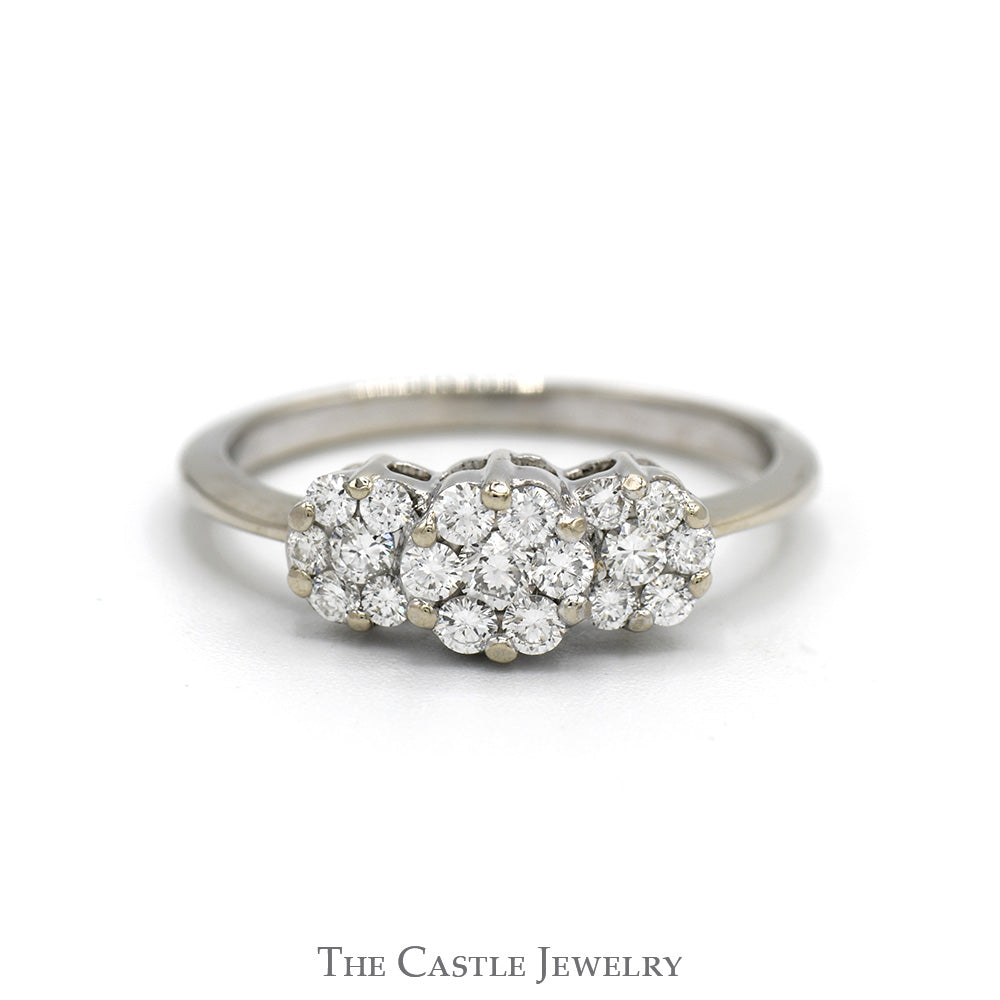 1/2cttw Triple Flower Diamond Cluster Ring in 14k White Gold