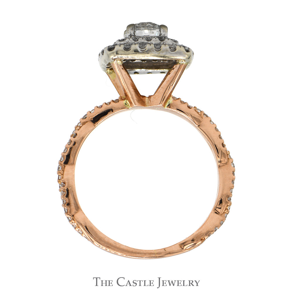 1cttw Round Diamond Solitaire Engagement Ring with Double Diamond Halo and Accented Sides in 10k Rose Gold