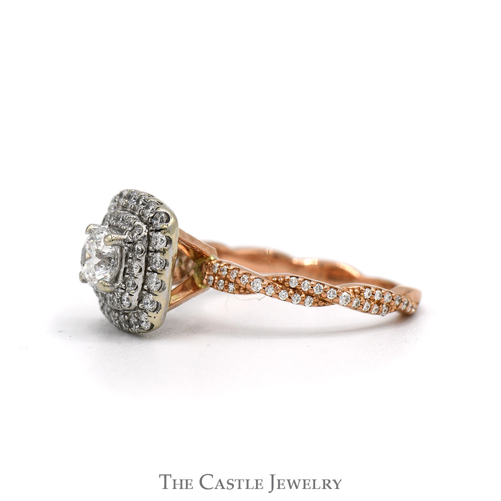 1cttw Round Diamond Solitaire Engagement Ring with Double Diamond Halo and Accented Sides in 10k Rose Gold