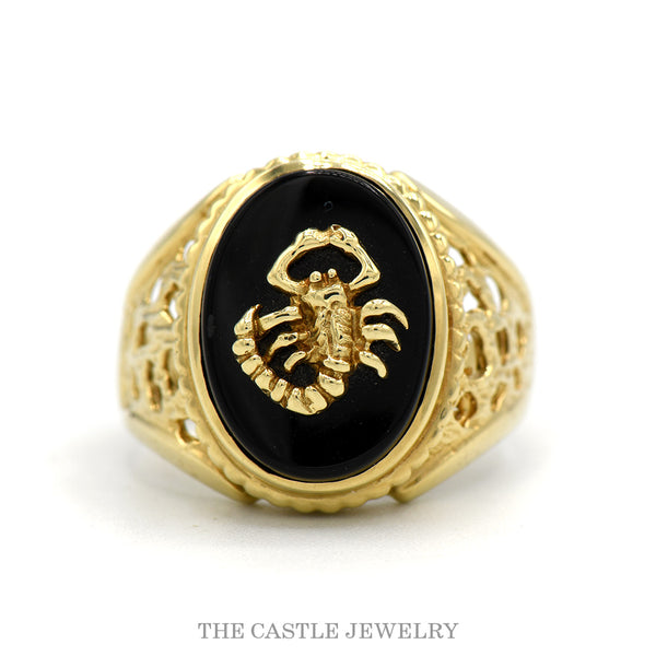 10k yellow gold men’s oval black onyx scorpion ring — top view