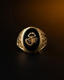 Men's Oval Black Onyx Scorpion Ring with Open-Design Shoulders in 10k Yellow Gold