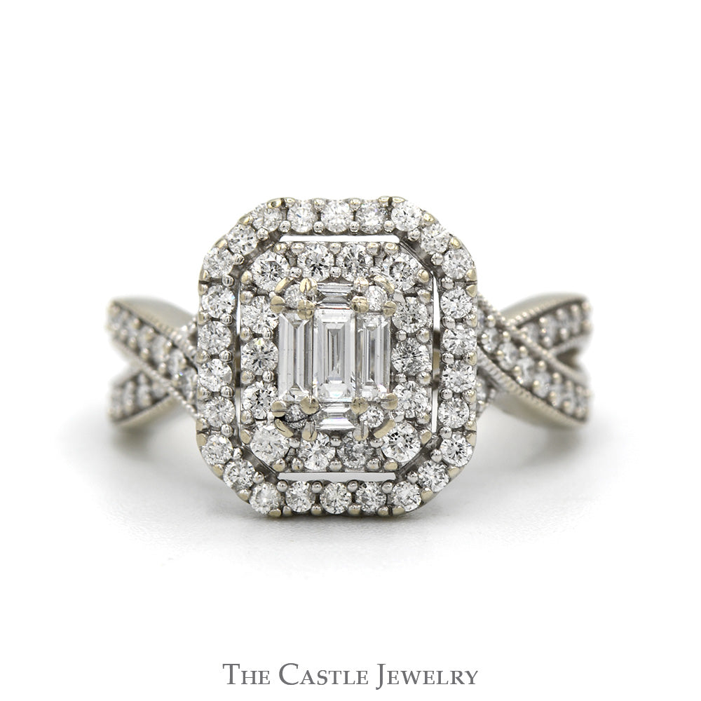 1.50cttw Emerald Cut Diamond Engagement Ring with Double Halo and Twisted Sides in 14k White Gold