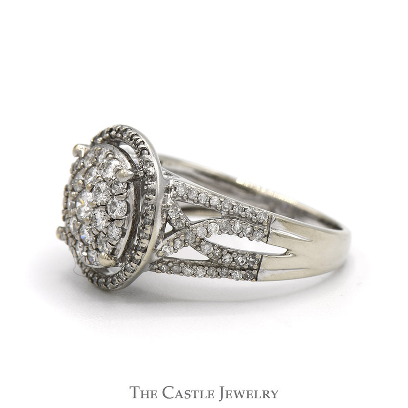 3/4cttw Round Diamond Cluster Engagement Ring with Diamond Halo and Diamond Accented Open Sides in 14k White Gold