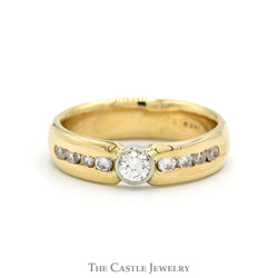 Bezel Set Diamond Solitaire Men's Ring with Channel Set Diamond Accents in 14k Yellow Gold