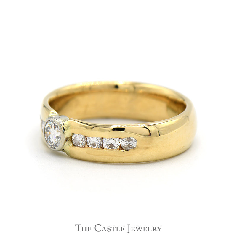 Bezel Set Diamond Solitaire Men's Ring with Channel Set Diamond Accents in 14k Yellow Gold