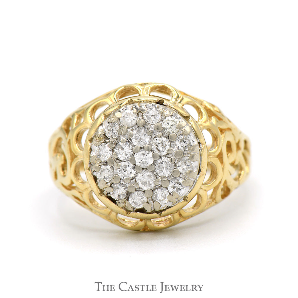 Women's 1/2cttw Round Diamond Kentucky Cluster Ring with Open Filigree Sides in 10k Yellow Gold