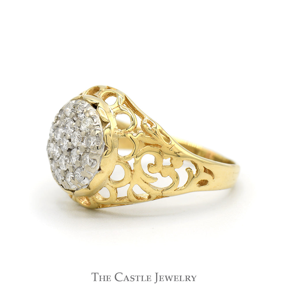 Women's 1/2cttw Round Diamond Kentucky Cluster Ring with Open Filigree Sides in 10k Yellow Gold