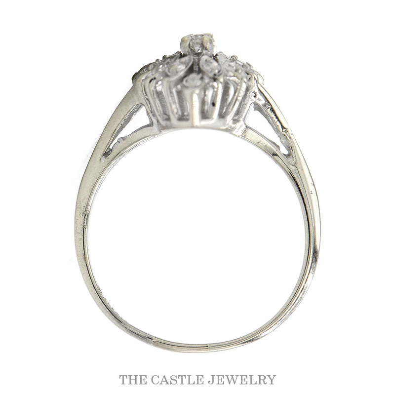 Front-facing view of the 14k white gold marquise diamond cluster