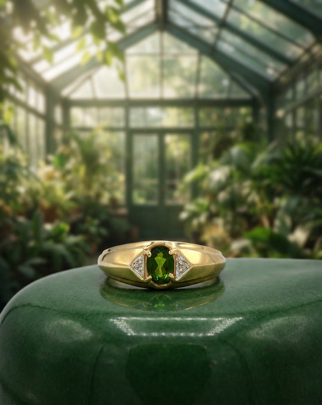Oval Green Tourmaline Ring with Diamond Accent Sides in 10k Yellow Gold