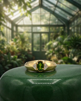 Oval Green Tourmaline Ring with Diamond Accent Sides in 10k Yellow Gold