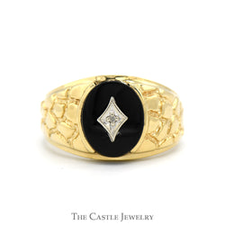 Oval Cut Black Onyx Ring with Diamond Accent and Nugget Textured Sides in 10k Yellow Gold