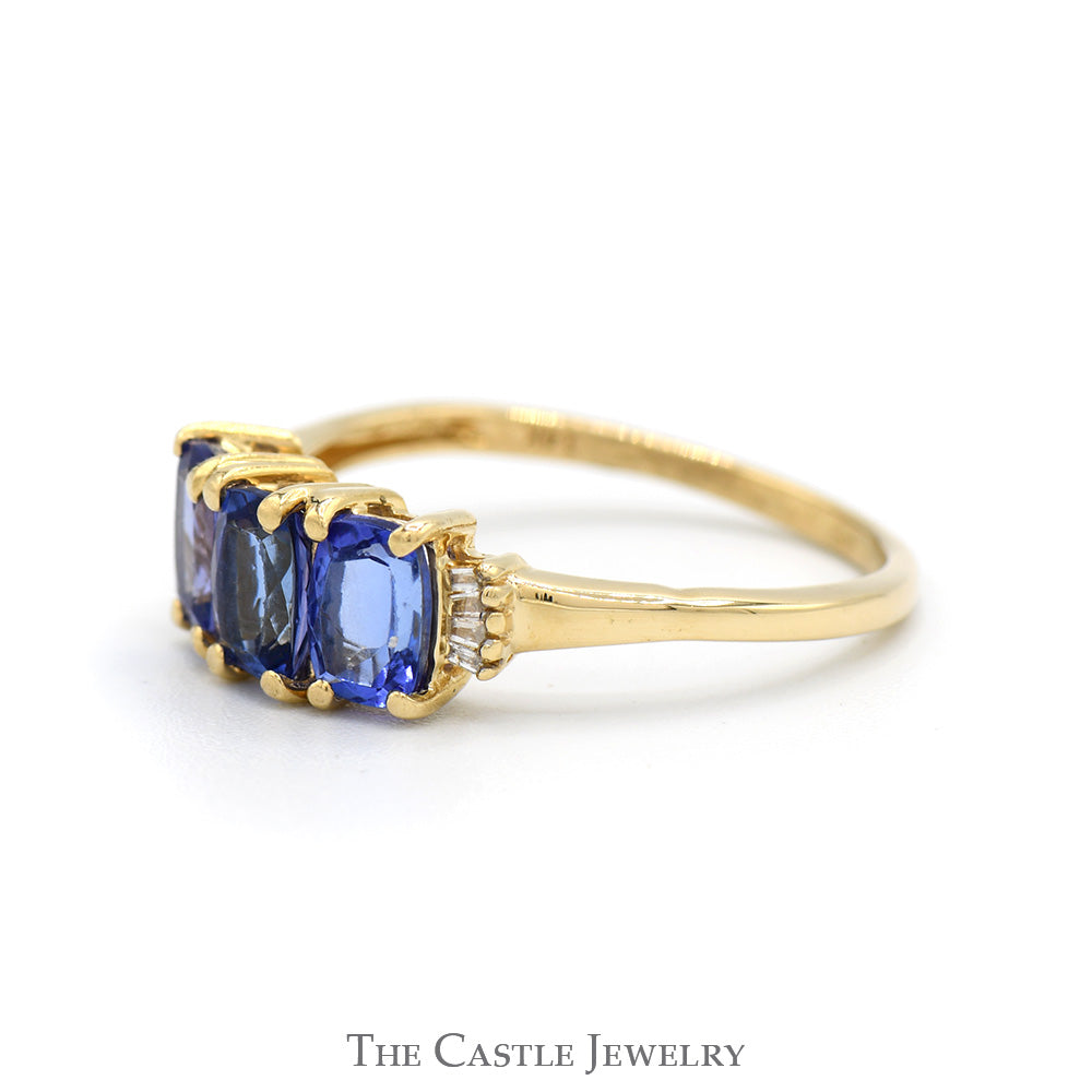 Three Stone Rectangular Tanzanite Ring with Baguette Cut Diamond Accents in 14k Yellow Gold