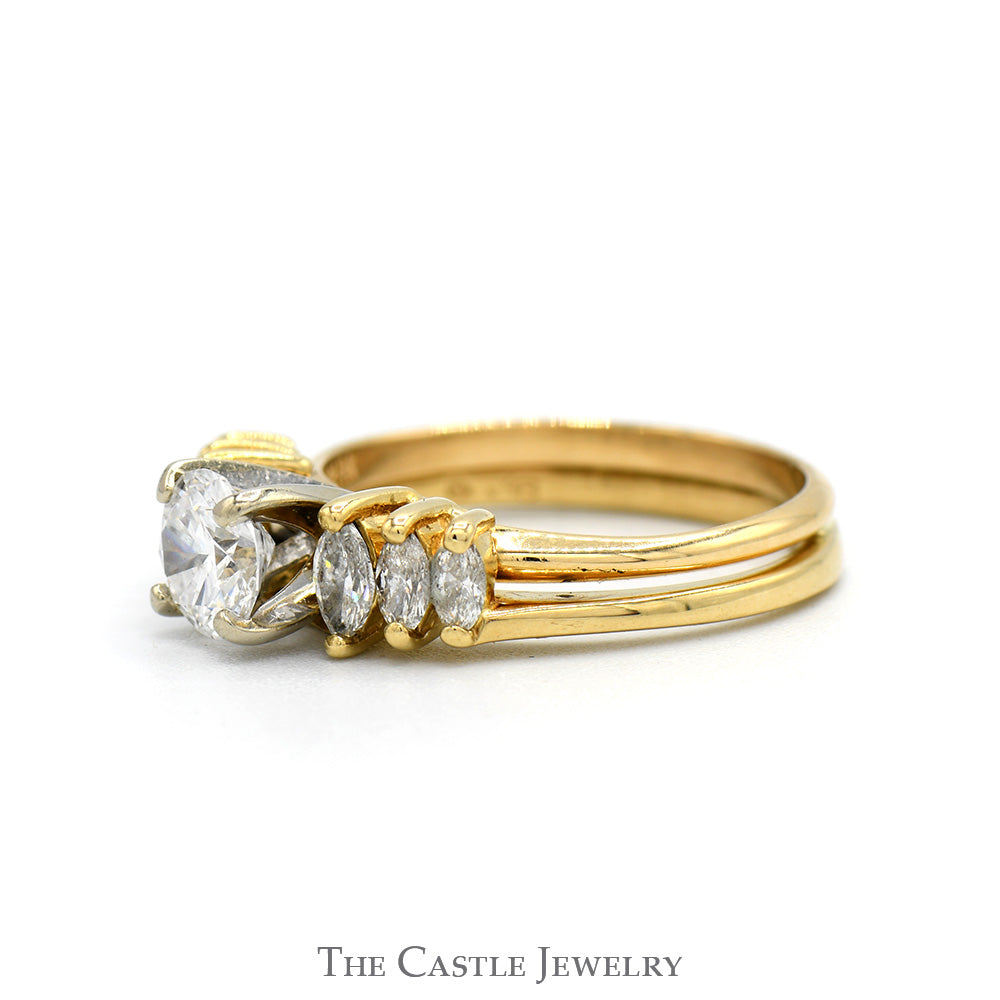 Round Diamond Engagement Ring with Marquise Diamond Sides & Matching Soldered Band in 14k Yellow Gold