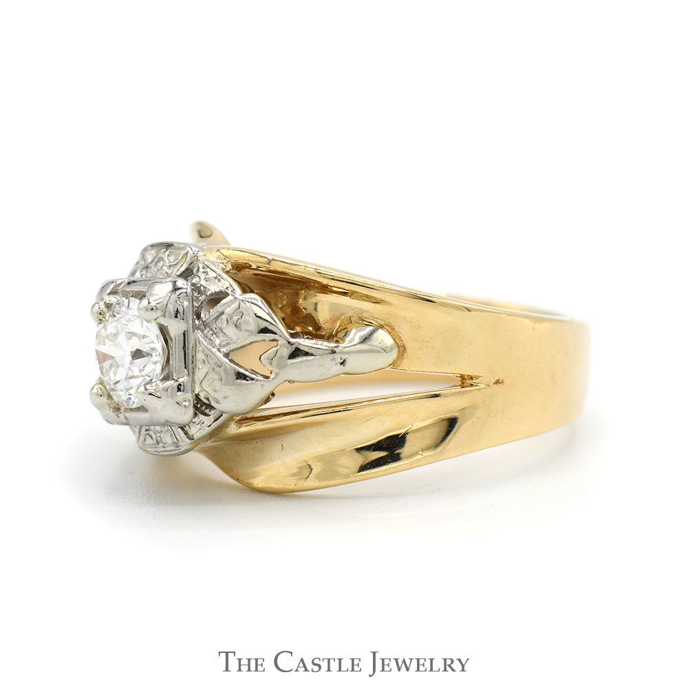 1/2ct Round Diamond Solitaire in Ornate 10k White & Yellow Gold Two Tone Mounting